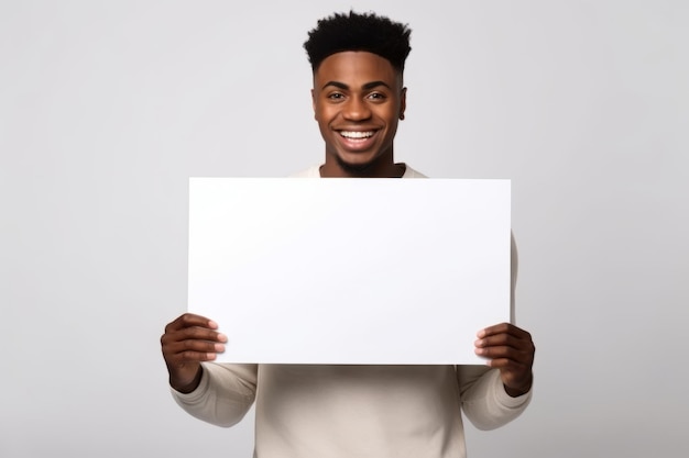 Jeune homme noir heureux tenant une bannière blanche isolé portrait de studio