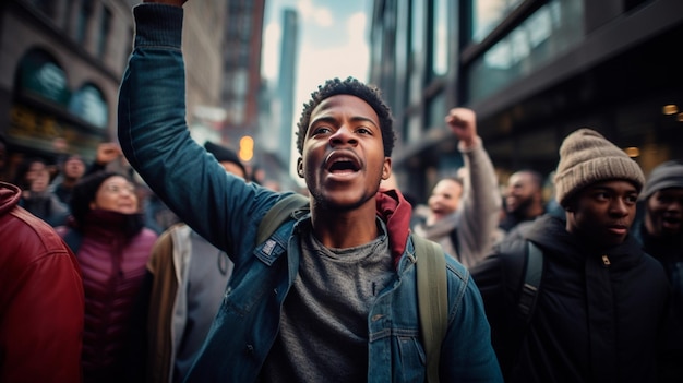 un jeune homme noir manifestait avec une foule de personnes