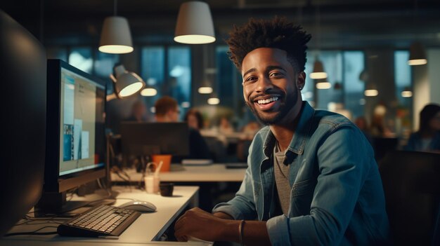 Jeune homme noir professionnel souriant travaillant sur l'ordinateur portable au bureau et regardant la caméra
