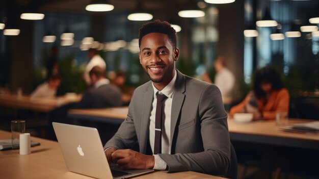 Jeune homme noir professionnel souriant travaillant sur l'ordinateur portable au bureau et regardant la caméra