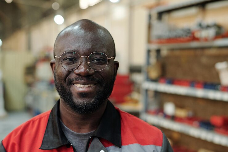 Jeune homme noir réussi en uniforme et lunettes regardant la caméra