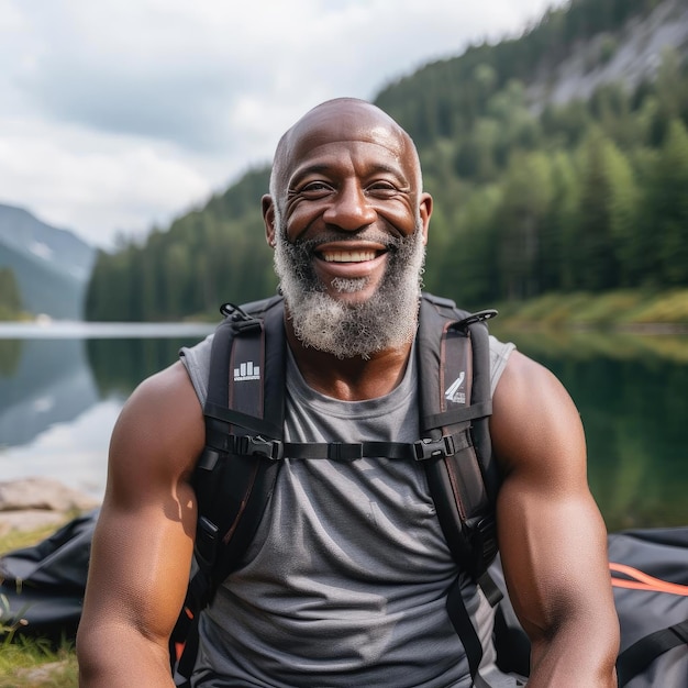 Photo jeune homme noir souriant lors d'une randonnée au bord d'un lac