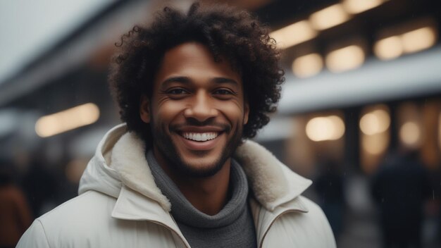 Un jeune homme noir souriant portant des vêtements d'hiver