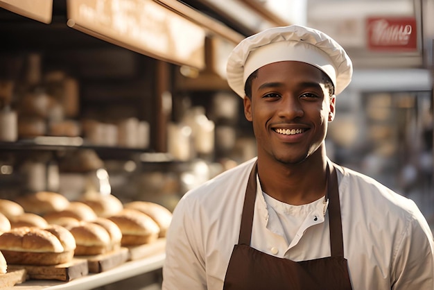 Photo jeune homme noir vendeur de produits de boulangerie debout dans un magasin de pain portrait d'un boulanger homme dans un magasin de pain