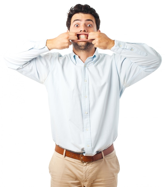 Photo jeune homme, ouvrir bouche, à, mains, sur, a, fond blanc