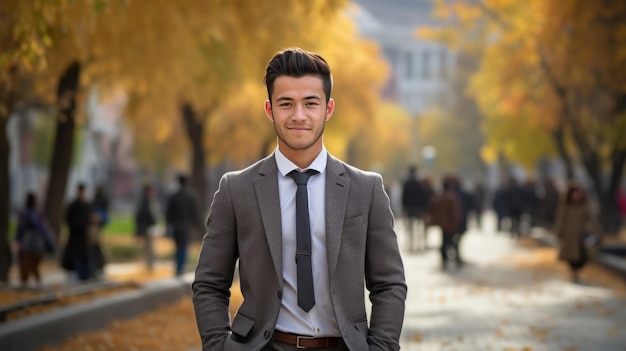 Jeune homme ouzbek professionnel souriant debout en plein air dans la rue et regardant la caméra