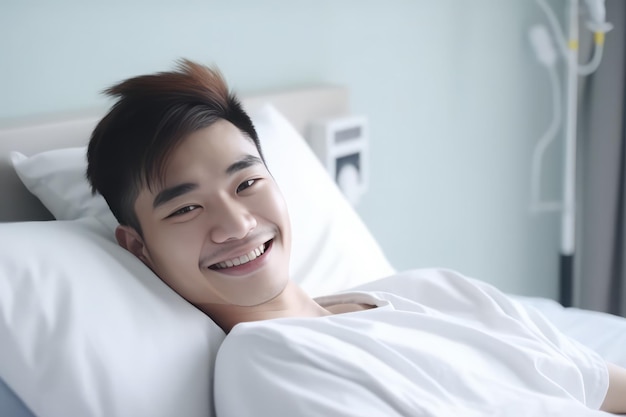 Jeune homme patient allongé dans un lit d'hôpital Soins aux patients dans la chambre du visage malade Générer Ai