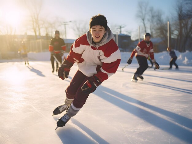 Un jeune homme patine en jouant au hockey.