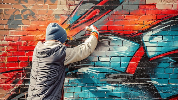 Un jeune homme peint des graffitis sur un mur de briques.