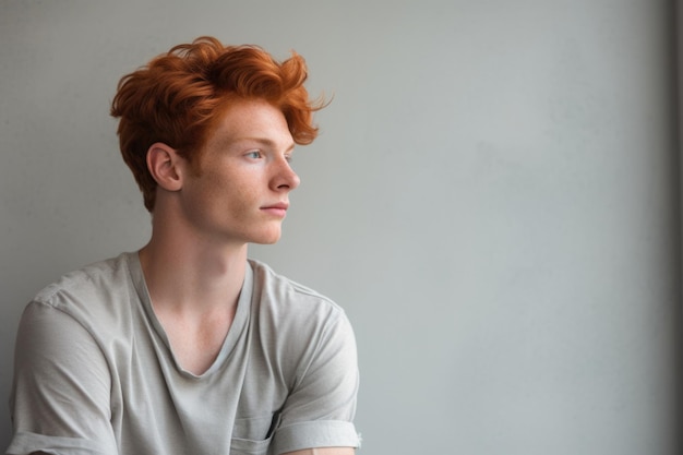 Jeune homme pensant avec une expression pensive contre le fond du mur ai généré