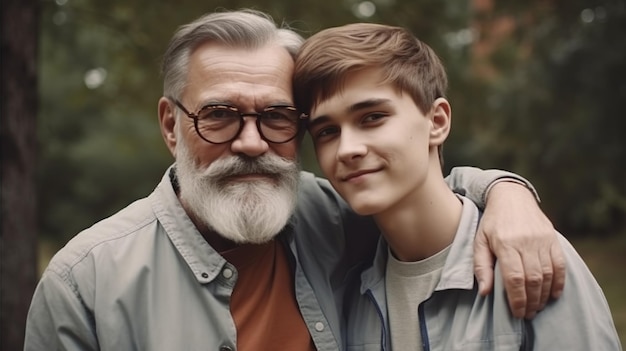 Jeune homme avec un père plus âgé câlins ensemble Bonne fête des pères