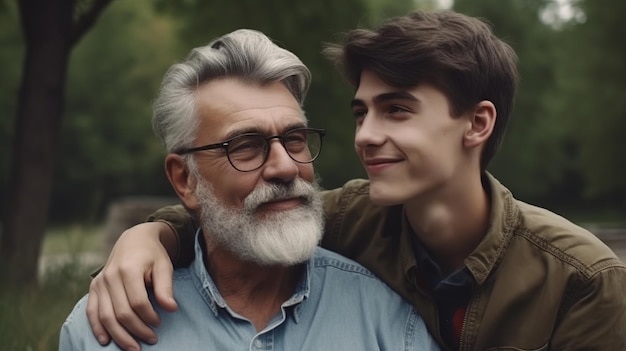 Jeune homme avec un père plus âgé câlins ensemble Bonne fête des pères