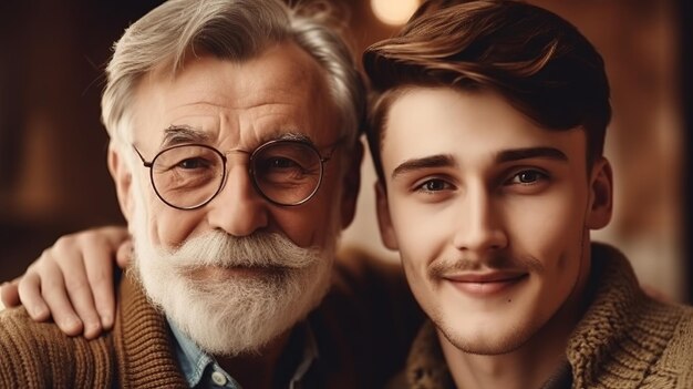 Photo jeune homme avec un père plus âgé câlins ensemble bonne fête des pères