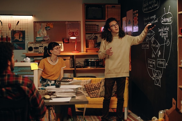 Jeune homme pointant sur un tableau noir avec des diagrammes et présentant un plan d'affaires à ses collègues