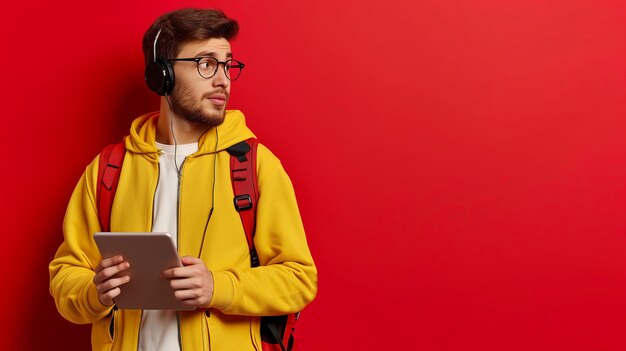 Un jeune homme portant un capuchon rouge et des écouteurs se tient isolé sur un fond rouge écoutant de la musique les yeux fermés souriant délicieusement