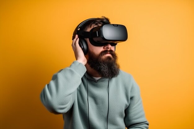 Un jeune homme portant un casque VR faisant des gestes avec la main sur un fond solide expérimentant la réalité virtuelle