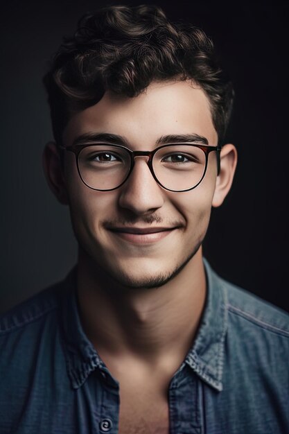 un jeune homme portant des lunettes et une chemise avec un sourire sur le visage.