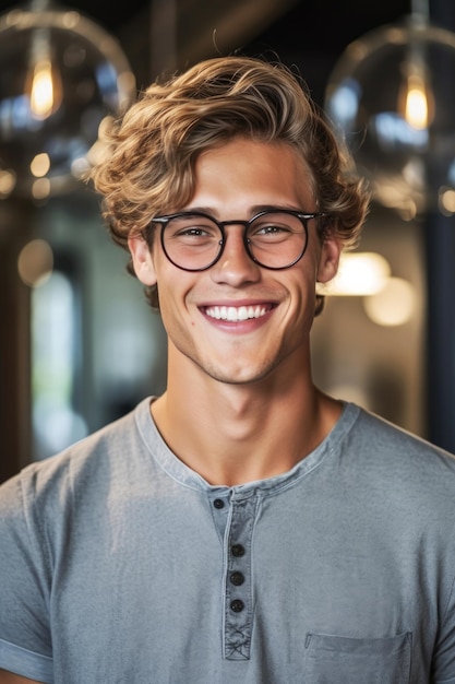 Un jeune homme portant des lunettes avec le mot sourire dessus