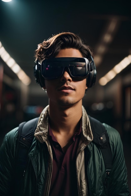 Un jeune homme portant des lunettes de réalité virtuelle dans une rue de la ville Concept technologique