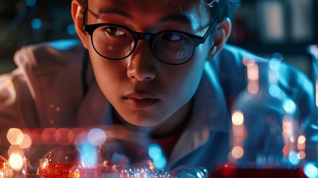Un jeune homme portant des lunettes travaille sur un écran d'ordinateur à la foire scientifique