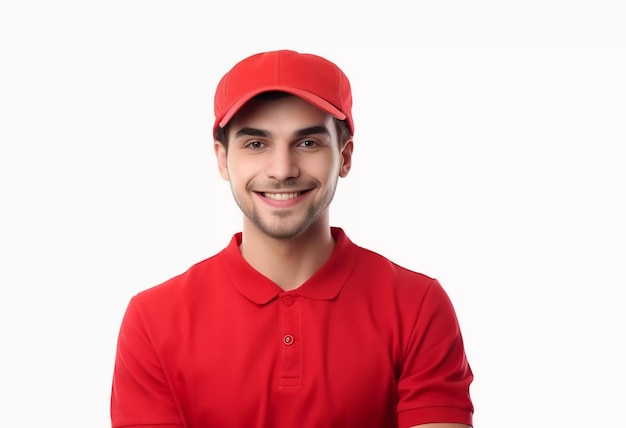 Un jeune homme portant un polo rouge et une casquette rouge.