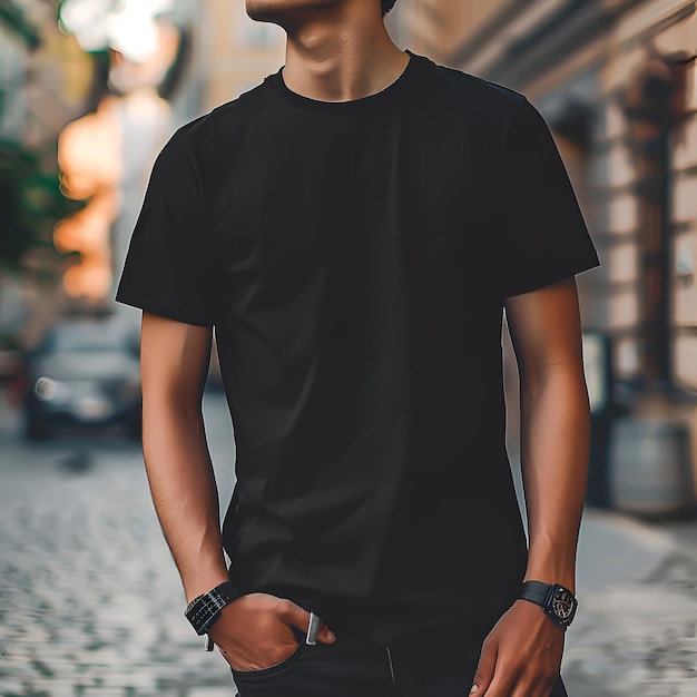 Un jeune homme portant un t-shirt noir ordinaire en public Concept de maquette de chemise noire pour l'image de marque