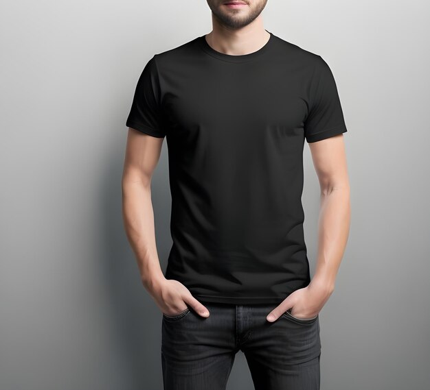 Jeune homme portant un t-shirt noir vierge maquette de présentation imprimée ai générer