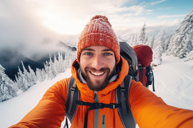 Jeune homme portant des vêtements d'hiver prenant une photo de selfie dans un paysage enneigé