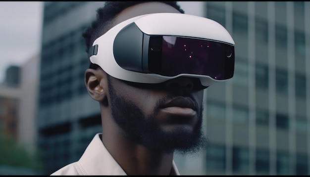 Un jeune homme porte des lunettes de réalité virtuelle ou un casque VR et joue en réalité virtuelle