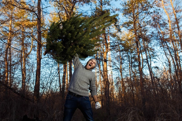 Photo un jeune homme porte un sapin de noël dans le bois des hommes barbus portent un sapin de noël à la maison.