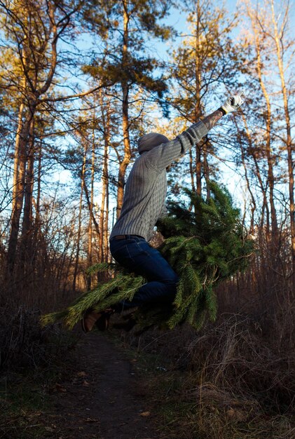 Un jeune homme porte un sapin de Noël dans le bois des hommes barbus portent un sapin de Noël à la maison.