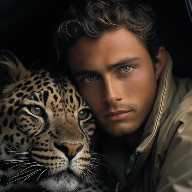 Un jeune homme posant avec son animal de compagnie Léopard. Tous deux sourient à la caméra.