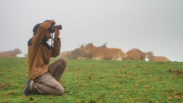 Jeune homme prenant des photos dans une montagne brumeuse avec du brouillard et des vaches Concept de photographe d'automne