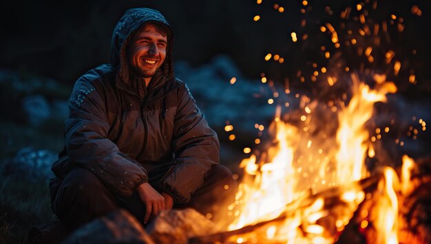 Un jeune homme près d'un feu de camp la nuit Le concept du camping
