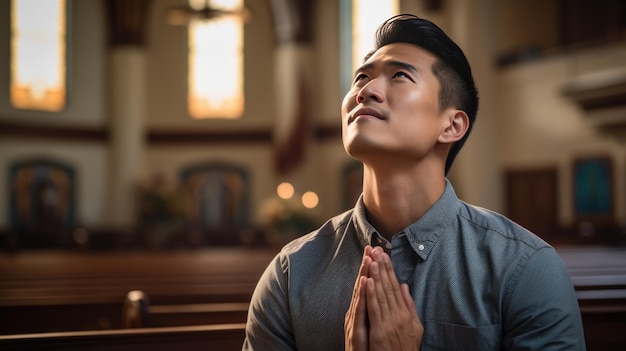 Jeune homme priant dans une église