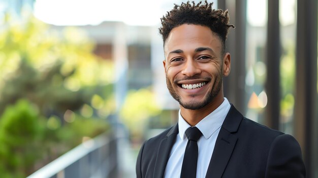 Photo un jeune homme professionnel est vêtu d'un costume et d'une cravate il a un sourire amical sur son visage et regarde la caméra