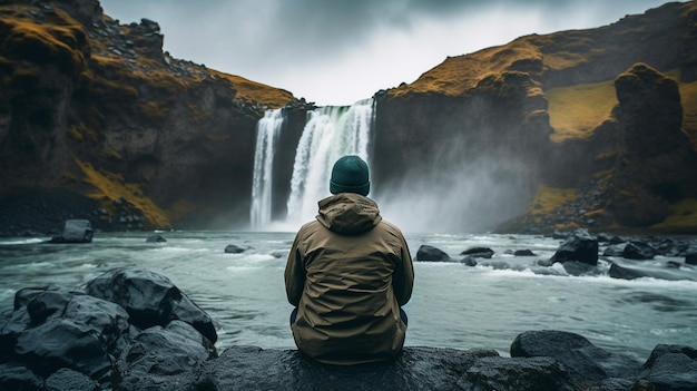 jeune homme profitant de la cascade