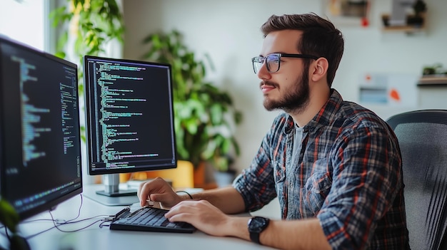 Un jeune homme programme dans un espace de travail bien éclairé avec plusieurs moniteurs et des plantes vertes autour de lui pendant la journée