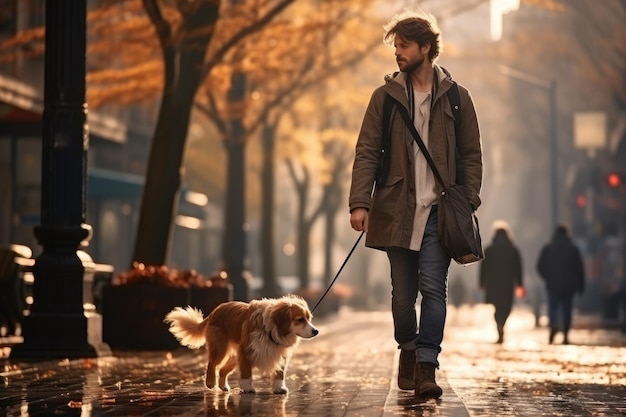 jeune homme promenant un chien dans la ville en automne le jour après la pluie généré par l'IA