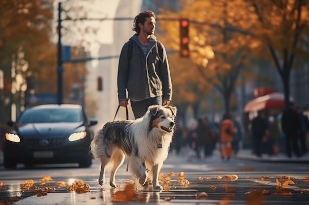 jeune homme promenant un chien dans la ville en automne le jour après la pluie généré par l'IA