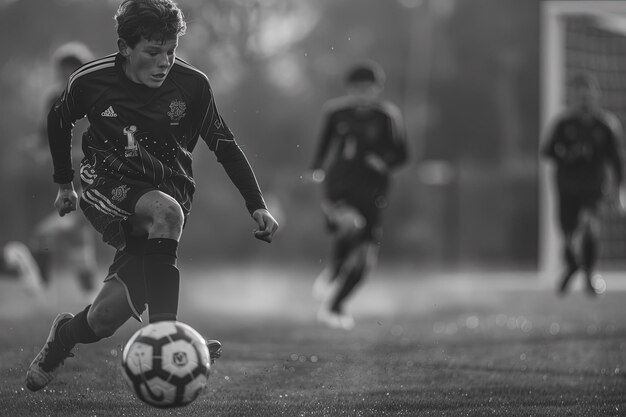 Un jeune homme qui donne un coup de pied à un ballon de football sur un terrain.