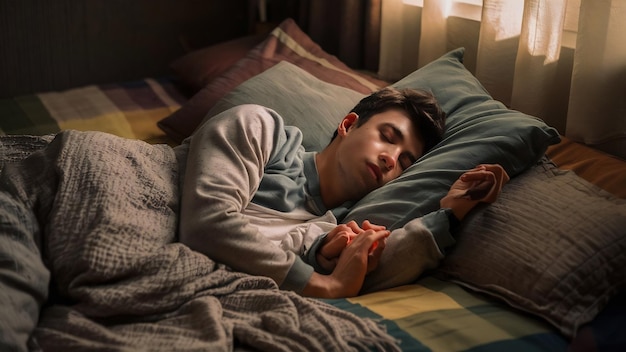 Un jeune homme qui dort dans son lit.