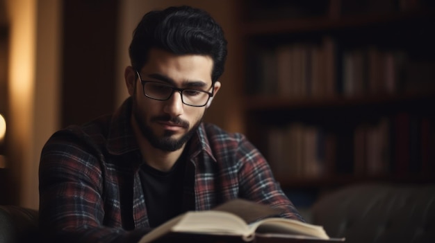 Un jeune homme qui lit un livre.