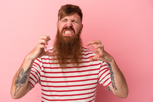 Jeune homme de race blanche au gingembre avec une longue barbe isolé sur fond rose contrarié en criant avec des mains tendues.