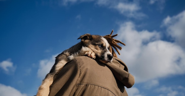 Jeune homme de race blanche avec des dreadlocks câlins chiot husky d'Alaska aux yeux bleus à l'extérieur par temps chaud