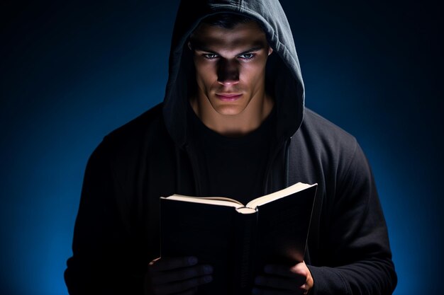 Jeune homme réfléchi avec un livre dans une capuche noire