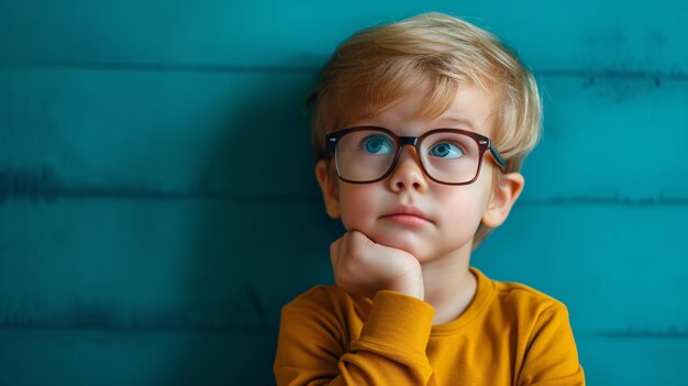 Un jeune homme réfléchi portant des lunettes sur un fond coloré.