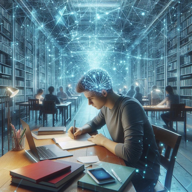 Un jeune homme réfléchi qui étudie dans la bibliothèque entouré de livres flottants.