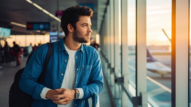 Photo un jeune homme réfléchi regardant par la fenêtre d'un terminal d'aéroport