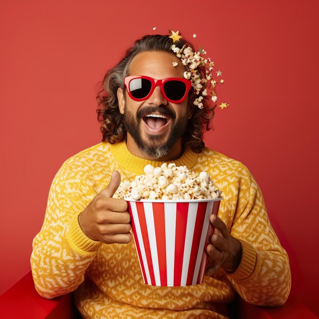 Jeune homme regarde un film amusant tient un seau de pop-corn